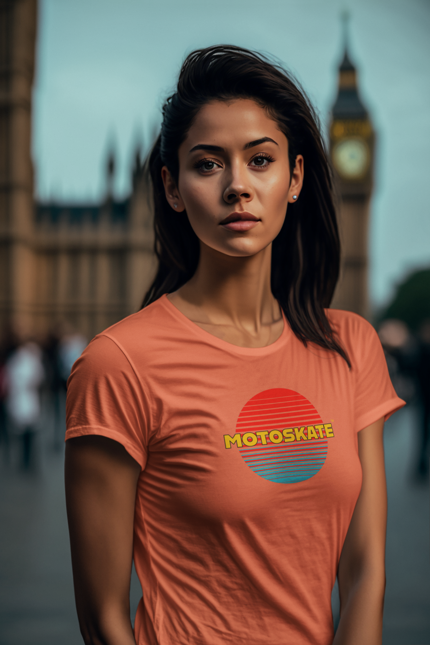 comfortable Peach womens T shirt with Motoskate logo on chest